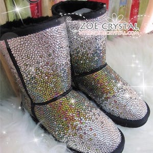 SHINY WINTER Bling and Sparkly Strass SheepSkin Wool BOOTS w shinning Czech or Swarovski Rainbow crystal