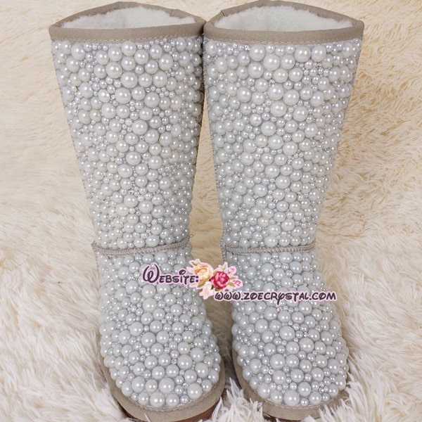 BRILLANTE INVIERNO Bling y Brillante Alto Perlas Blancas Cremosas Botas de Lana piel de Oveja w brillantes cristales checos o Swarovski