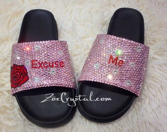 Customized Bling Bedazzled SANDALS / SLIDES / Slippers with Rose and Words Fashionable Cool Shinny Sparkly Crystal Rhinestone Glitter