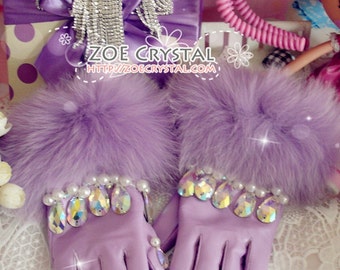 WINTER Sales- Purple Leather Fur GLOVES with Elegant Rhinestones