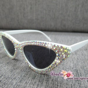 HOLLYWOOD Fashionable Cat Eye Sunglasses / Shades / Sunnies w AB White Bling Sparkly  Rhinestones Festival Rockabilly Retro Pin Up