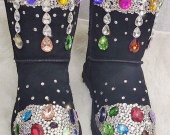 Botas de invierno de piel de oveja de cristal, calzado de invierno brillante elaborado con pedrería