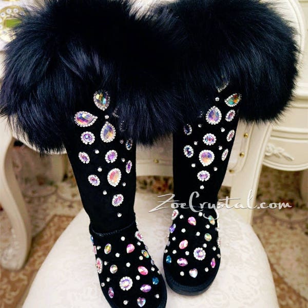 New** WINTER Queen Style Knee High Bling and Sparkly Black Fur SheepSkin Wool BOOTS