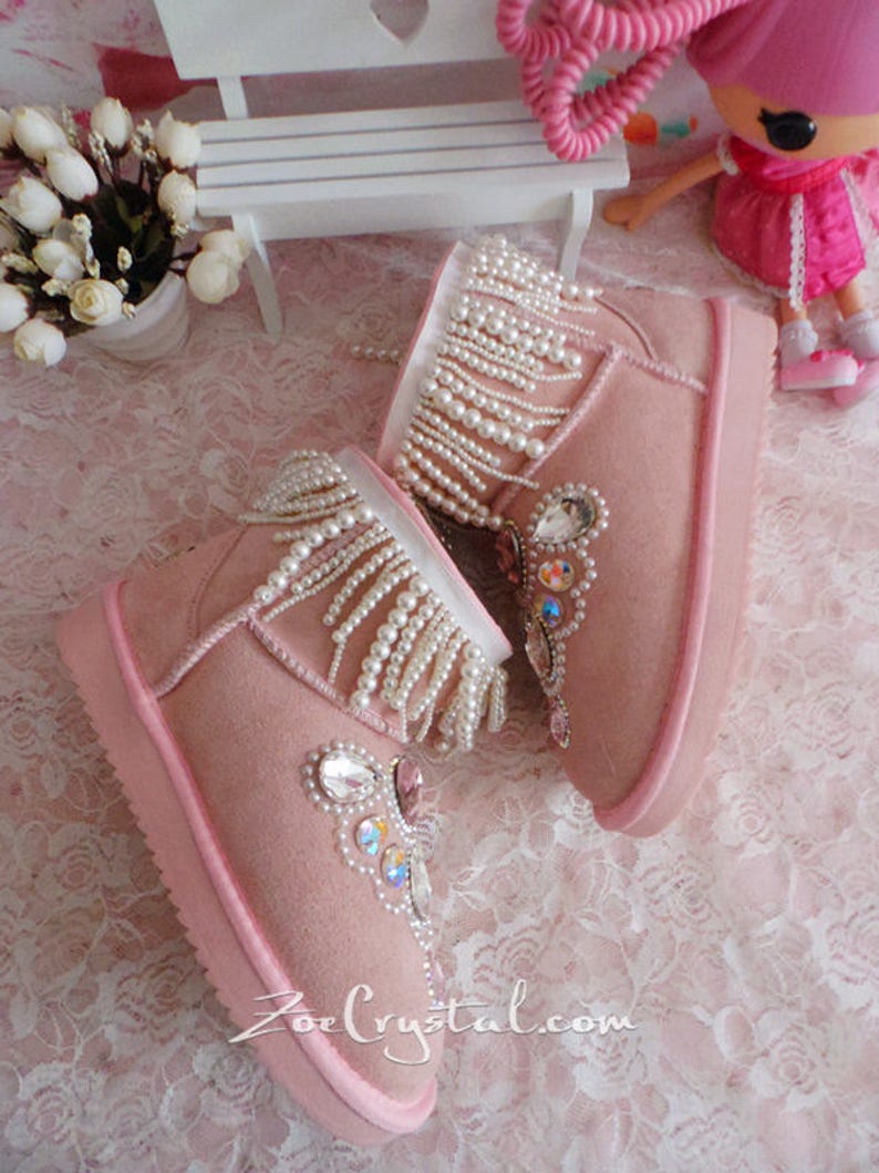 New **PROMOTION WINTER Pink Sheepskin FleechWool Boots with shinning and Princess CRYSTALS Pearls