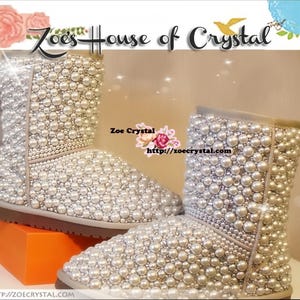 GLANZENDE WINTER Bling en sprankelende romige witte parels schapenvachtwollen LAARZEN met glanzende Tsjechische of Swarovski-kristallen