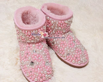 SHINY WINTER Bling and Sparkly Pink Pearl Short SheepSkin Wool BOOTS w shinning Czech or Swarovski crystals