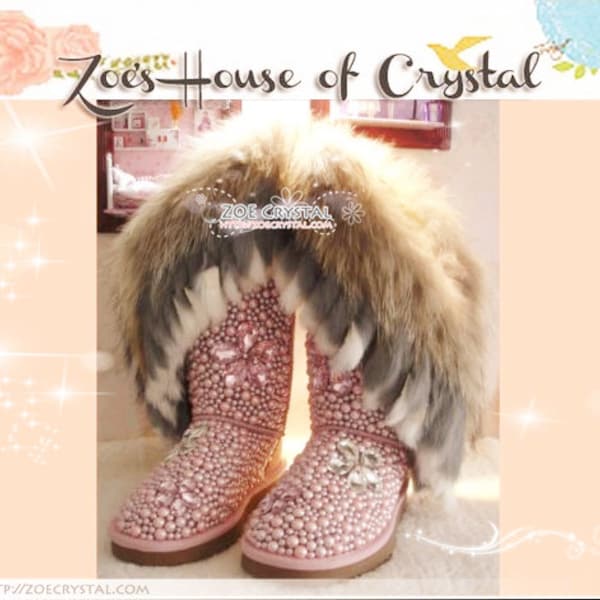 SHINY WINTER Bling and Sparkly Pink Tall Fur SheepSkin Wool BOOTS w shinning Czech or Swarovski Crystals and Pearls