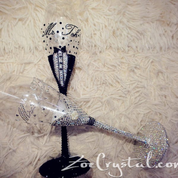 WEDDING BRIDE GROOM Champagne Toasting Flutes or Glasses with Bling & Bedazzled Crystal Rhinestones Optional to pick Swarovski