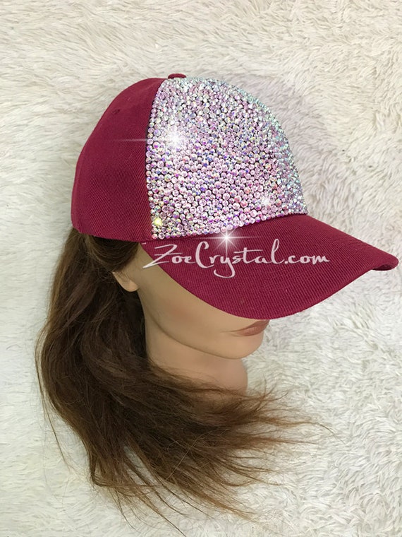 CUSTOMIZED BLING Red CAP / Hat Bedazzled With Iridescent Ab White
