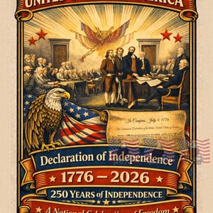May include: A vintage-style poster celebrating the United States of America's Declaration of Independence. The design features an eagle, the American flag, and a depiction of the signing. Text includes "1776-2026" and "250 Years of Independence."