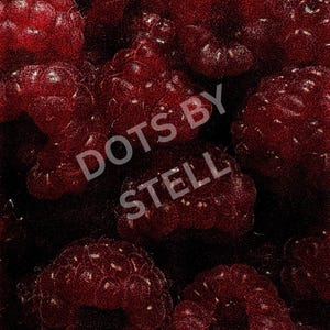 Puede incluir: Primer plano de frambuesas maduras, de color rojo oscuro. La imagen está llena de las superficies texturizadas de las bayas, con el texto "DOTS BY STELL" en el centro. Las frambuesas son de un rojo intenso y rico.