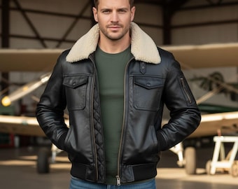 Men’s Black Leather Aviator Jacket, Shearling Collar B3 Bomber Jacket, Pilot Flight Leather Jacket, Vintage Aviator Jacket.