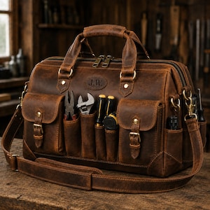 Bolsa de herramientas de cuero, bolso de mano personalizado de cuero de grano completo para carpinteros y electricistas con bolsillos laterales.