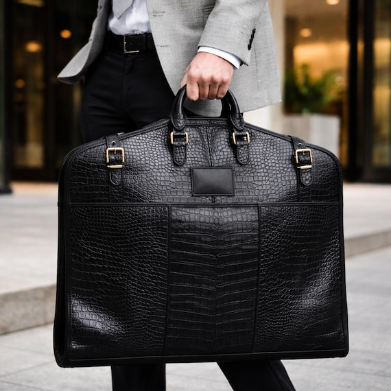 Leather Garment Bag for Men – Black Crocodile Embossed Suit Carrier, Luxury Travel Suit Bag, Groomsmen Gift, Leather Suit Cover,Gift for him