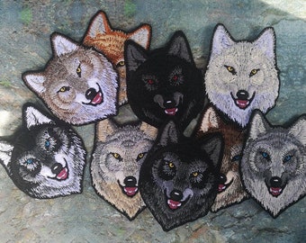 4" Mixed Wolf head patch - Various wolf colours to choose from! ~  Embroidered Iron-on patch, Made-to-order