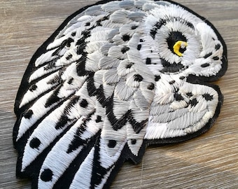 6" Snow Owl ~  Embroidered iron-on patch, owl applique, embroidery art