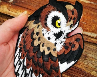 6" Brown Horned Owl ~  Embroidered iron-on patch, owl applique, embroidery art