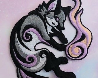 7" Magical Foxfire ~ Kitsune fox Embroidered iron-on patch, fox applique, embroidery art