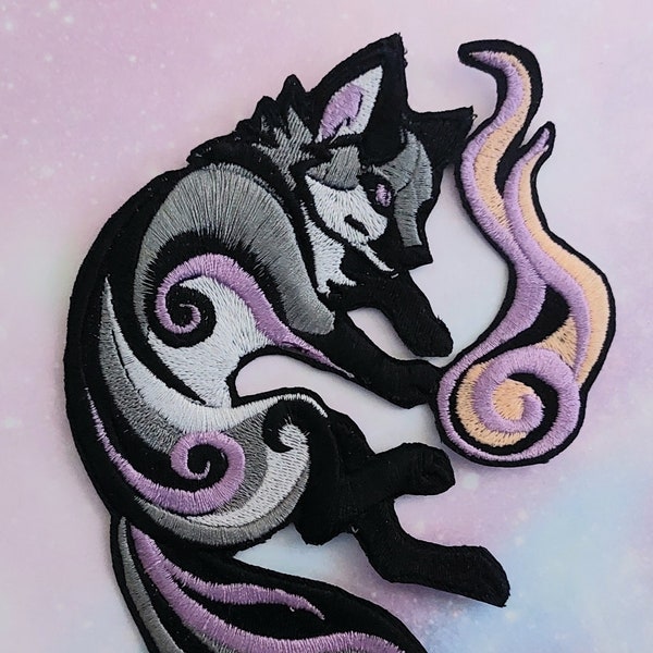 7" Magical Foxfire ~ Kitsune fox Embroidered iron-on patch, fox applique, embroidery art