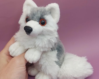 Silver white wolf Plushie, Hand-Sewn Faux Fur Art Doll (8" Long)