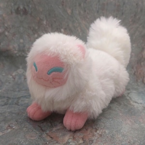 8&quot; Mewkin WHITE Pink ~ Fluffy stuffed hand-sewn doll, Faux fur floppy, cat plushie