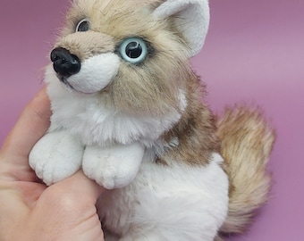 Light Brown White Wolf Plushie, Hand-Sewn Faux Fur Art Doll (8" Long)