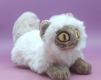 White Lilac Cat Plushie, 8" Floppy Stuffed Art Doll, Hand-Sewn Faux Fur Kitty