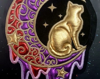 7.5" Crescent moon cat ~ Gold Puffy Embroidered patch, sew-on cat applique, embroidery art