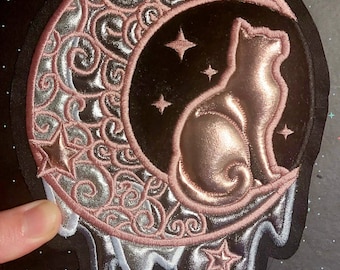 7.5" Crescent moon cat ~ Rose Gold Puffy Embroidered patch, sew-on cat applique, embroidery art