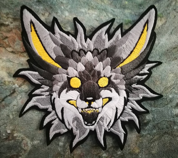 5.5" Luminescence SLATE GREY~ Embroidered iron-on patch, bright neon colours, kitsune, fantasy fox
