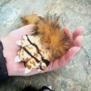May include: A plush tiger paw with black and brown stripes and white claws. The paw is attached to a fluffy brown tail.