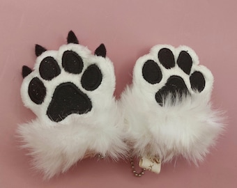 Dog Cat Wolf paw keychains WHITE Black paw pads ~ Faux fur accessory