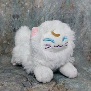 8&quot; Mewkin White and gold moon ~ Fluffy stuffed hand-sewn doll, Faux fur floppy, cat plushie