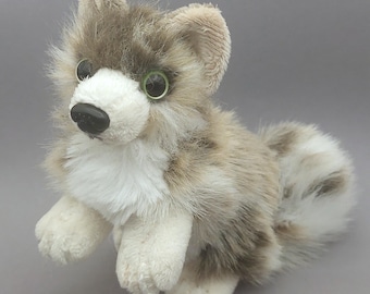 Flecked brown white cream puppy dog Plushie, Hand-Sewn Faux Fur Art Doll (7.5" Long)