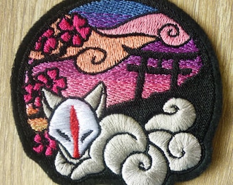 Shrine of Inari Kitsune fox (SUNRISE version)  ~ Embroidered Iron-on patch