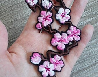 Cherry Blossom branch ~ Embroidered Iron-on patch, pink flower patch, flower embroidery