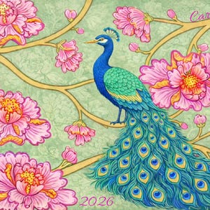 May include: A vibrant illustration of a peacock perched on a branch, surrounded by pink and yellow flowers. The peacock has blue and green plumage with a long, detailed tail. The background is a light green with floral patterns. The text "Caroline" and "2026" are visible.