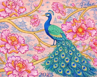 Personalized Pink Peacock Chinoiserie Mahjong Card Cover (Large NMJL Card) (please read description)
