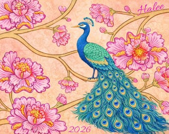 Personalized Peach Peacock Mahjong Card Cover Peach, NMJL 2025/2026 (please read description)