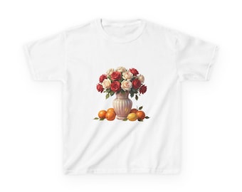 Rosenstrauß mit Orangen Kinder T-Shirt | Blumen Stillleben, Vintage Vase