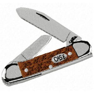 May include: A pocket knife with a brown handle and two silver blades, one partially open. The handle has the word "CASE" printed on it. The knife is set against a white background.