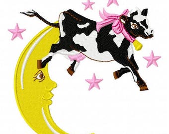 Cow Over Moon Machine Embroidery Design - Instant Download