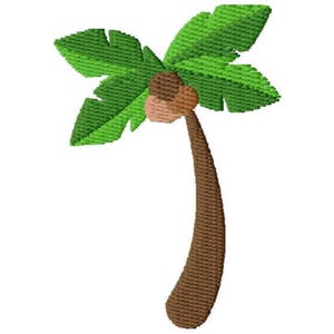 Pode incluir: Design bordado de palmeira com folhas verdes, tronco castanho e coco castanho claro. O design está em um fundo branco. Este design tropical é adequado para vários projetos de artesanato.