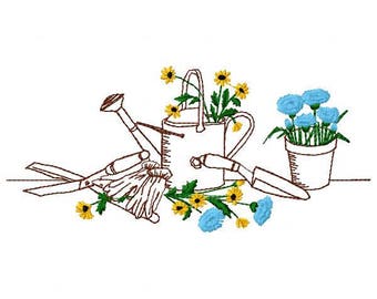 Garden Tools and Flowers Embroidery Design - Instant Download