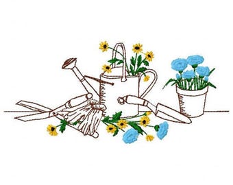 Garden Tools and Flowers Embroidery Design - Instant Download