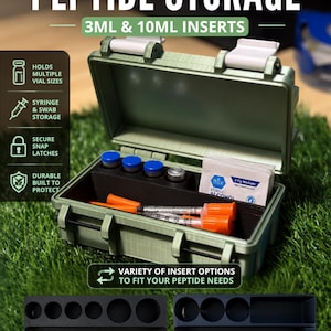 May include: An olive green storage case with white snap latches, containing small vials, syringes with orange caps, and alcohol swabs. The case features text reading PEPTIDE STORAGE, 3ML & 10ML INSERTS, and includes two black interior inserts.