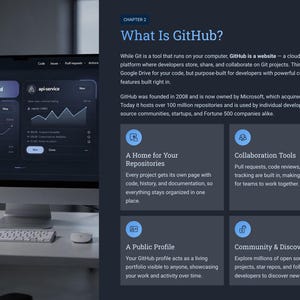 Peut inclure: Un &eacute;cran d'ordinateur affiche le logo GitHub et une interface de tableau de bord de projet. L'&eacute;cran montre des visualisations de donn&eacute;es et du texte, avec un clavier et une souris au premier plan. L'image est une prise de vue promotionnelle pour GitHub.