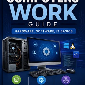 Könnte beinhalten: Buchcover „How Computers Work Guide“ mit einem Computer und Monitor. Der Monitor zeigt eine blaue Oberfläche mit Symbolen. Der Ratgeber behandelt Hardware, Software und IT-Grundlagen. Als PDF-E-Book verfügbar.
