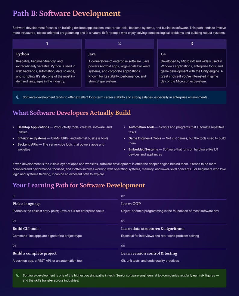 May include: A dark purple infographic titled "Path B: Software Development" details software development, highlighting Python, Java, and C#. It lists what developers build, such as desktop apps and automation tools, and a learning path.