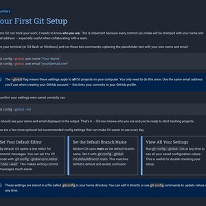 Peut inclure: Une page web bleu fonc&eacute; avec le titre "Your First Git Setup". La page fournit des instructions sur la configuration de Git, y compris les commandes pour configurer le nom d'utilisateur, l'e-mail et d'autres param&egrave;tres. La page comprend &eacute;galement des informations sur la configuration d'un &eacute;diteur et d'un nom de branche par d&eacute;faut.